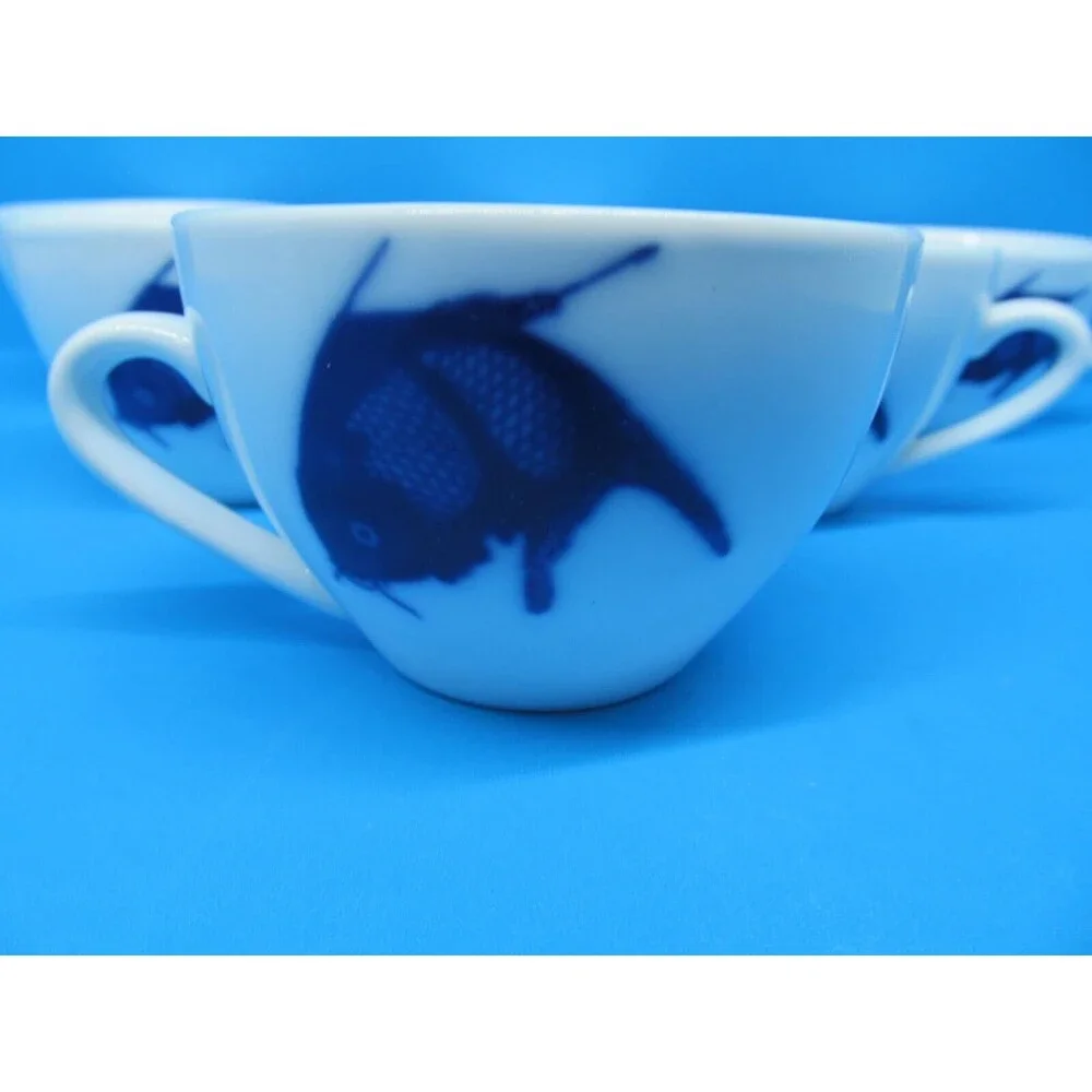 Misty Rose Blue Koi Fish Tea  Cups Super White China Bundle of 6